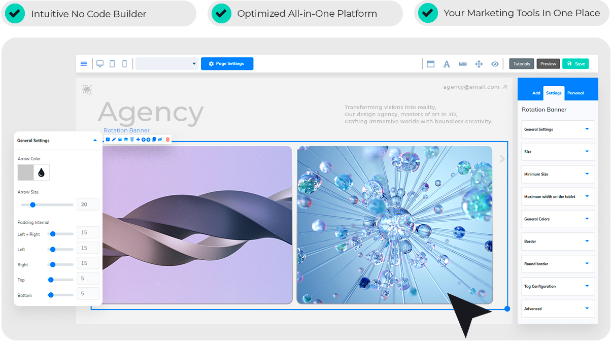 Editor de sites da Builderall com uma página de agência, controles de conteúdo e blocos de layout editáveis.