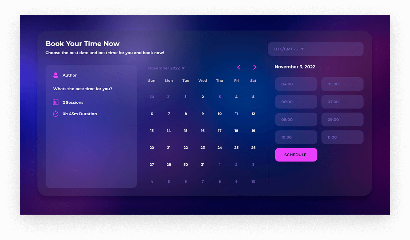 Calendario de Booking Builder con fechas y horarios seleccionables, un resumen de la sesión y un botón para agendar.