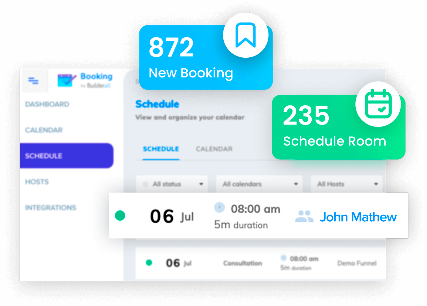 Agenda de Booking Builder con calendarios, fechas de citas, anfitriones y detalles de las sesiones.