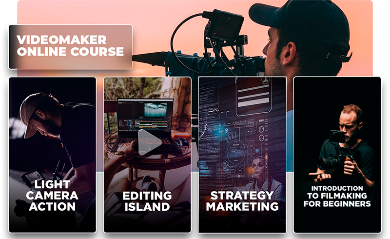 Ejemplo de curso en video con portadas visuales de módulos sobre técnica de cámara, edición, marketing e introducción al cine.