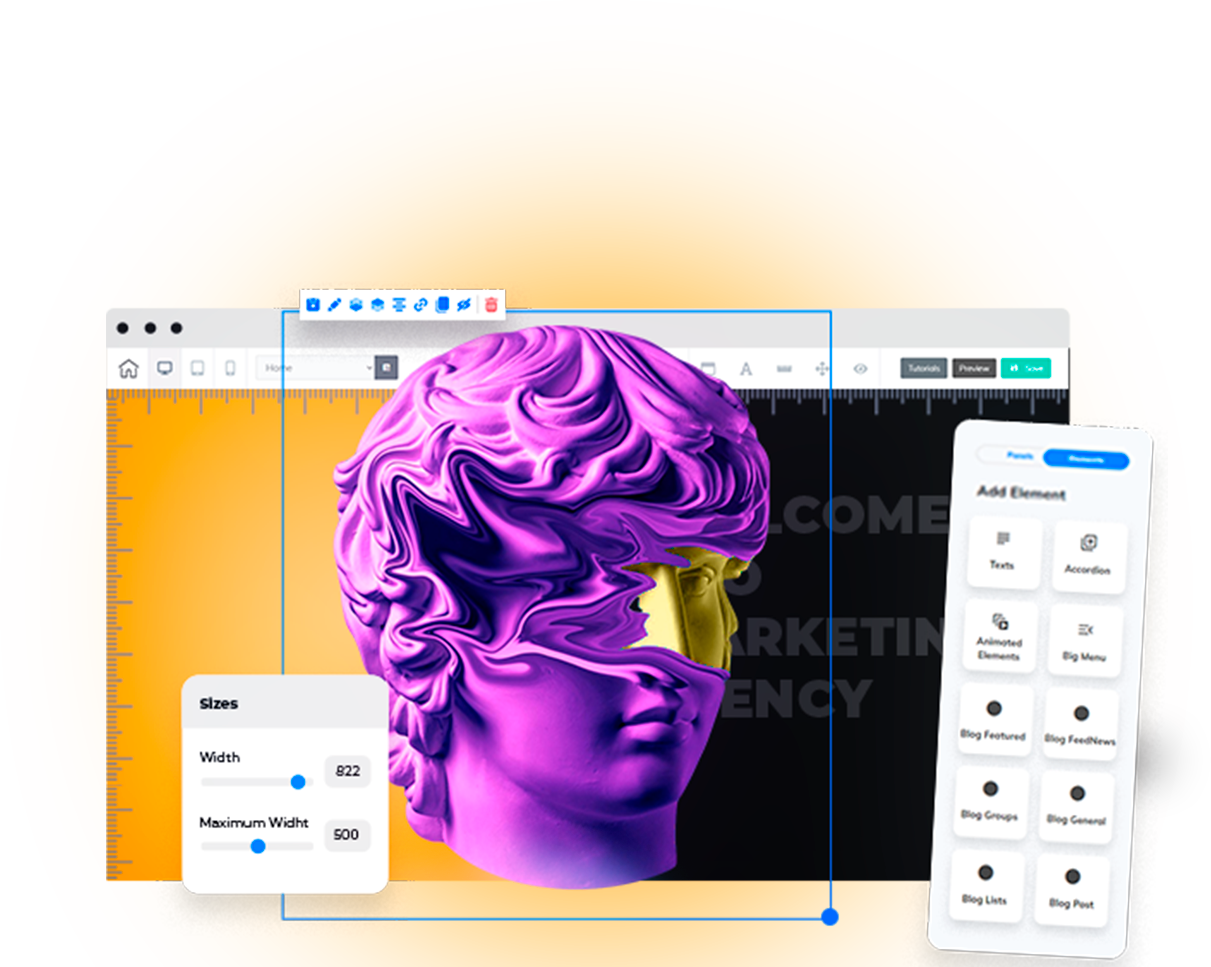 Composição do Website Builder mostrando uma imagem editável, controles de tamanho e um menu de elementos com texto e componentes de blog.