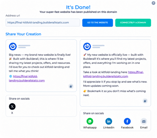 El panel “It’s Done!” con la dirección publicada, un botón para visitar el sitio, una opción de dominio y publicaciones sugeridas para redes sociales.