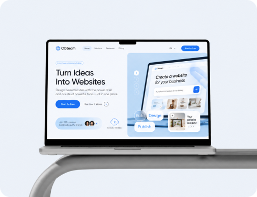Una laptop que muestra una landing page creada con IA con el título “Turn Ideas Into Websites”.