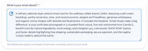 The “What is your email about?” field, filled in with a detailed description of the campaign email