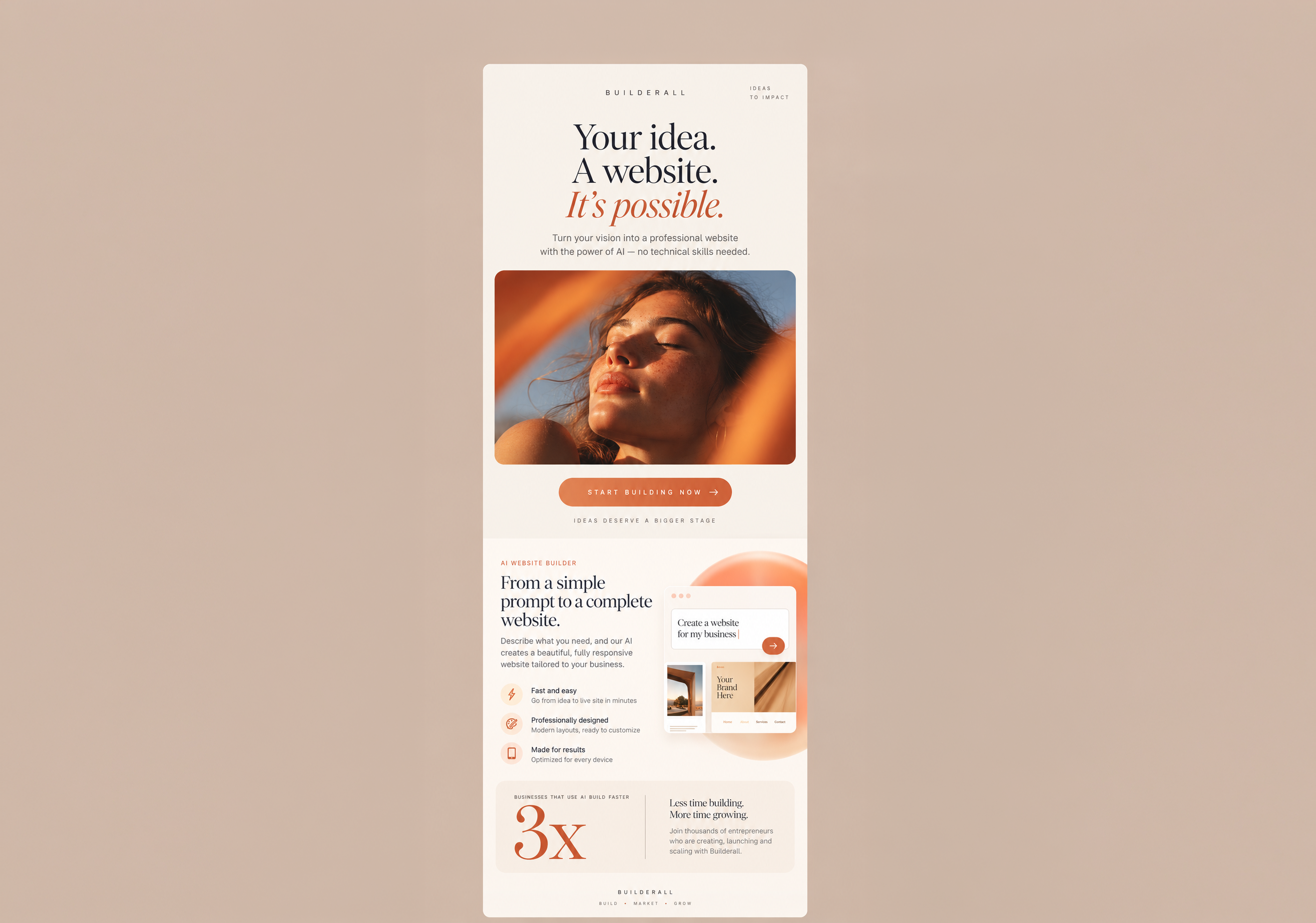 A long-form landing page with a hero image, feature list and call to action