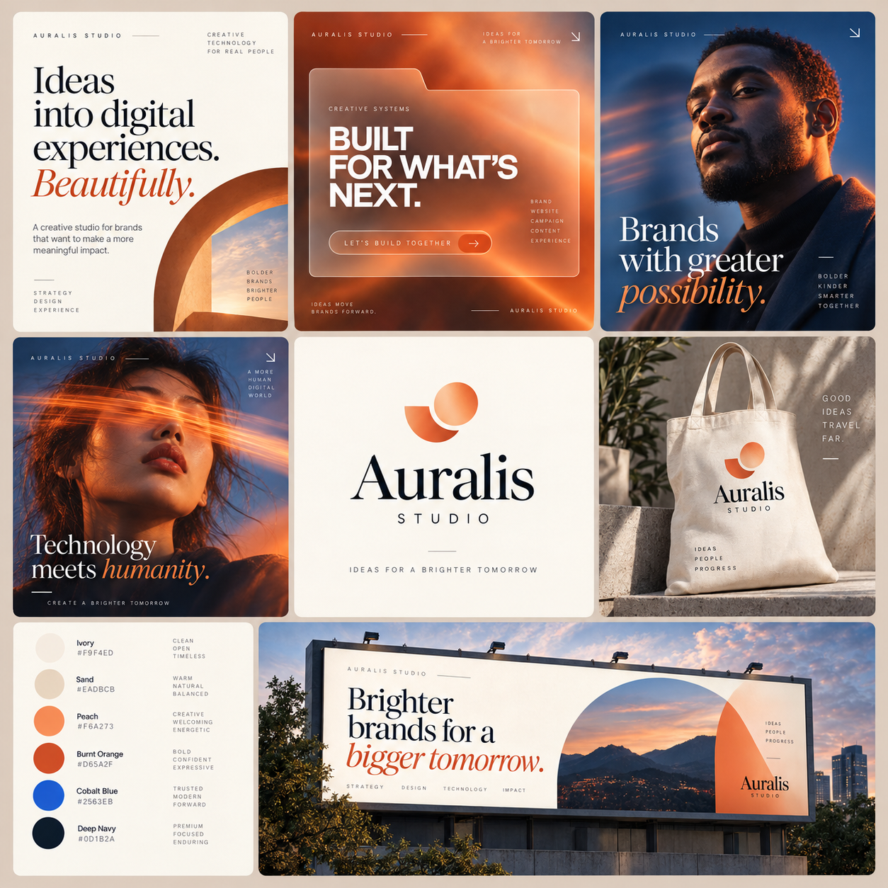 A brand board showing campaign artwork, a logo, a tote bag and a billboard