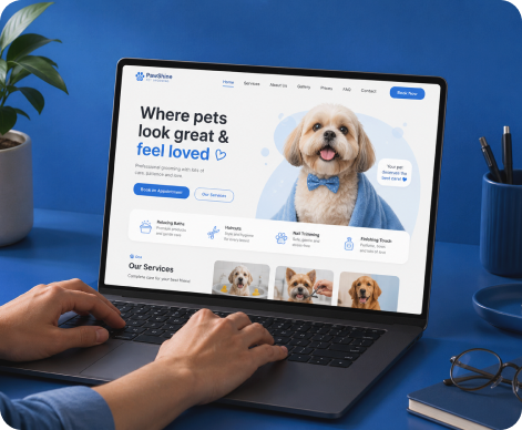 Una laptop que muestra un sitio web generado para una peluquería de mascotas.