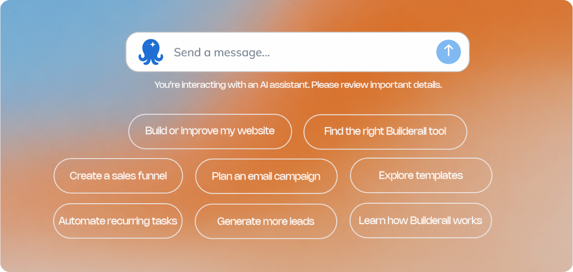 El cuadro de mensajes del agente con prompts sugeridos, como crear un embudo de ventas, planificar una campaña de email y explorar plantillas.